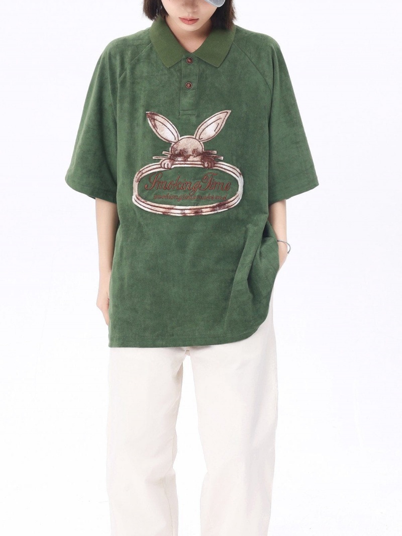 T Shirts Aelfric Eden Embroidery Rabbit Washed Daim Polo Tee Vert | VPM-80564136